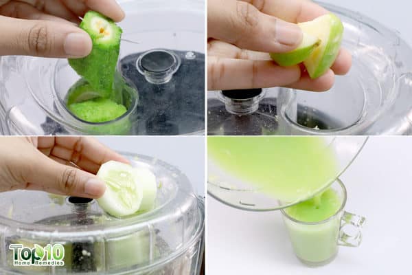 toss the bitter gourd and cucumber and apple in a juicer