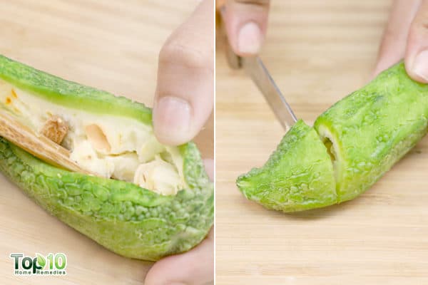 remove the seeds from bitter gourd then chop it